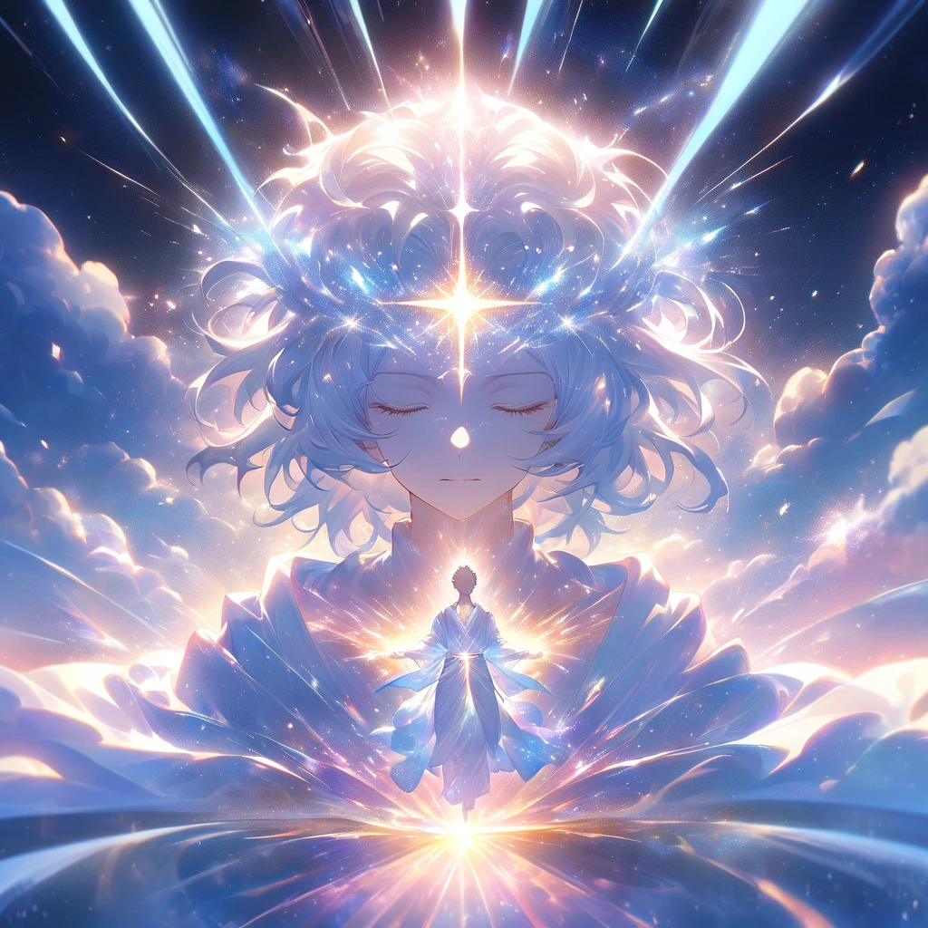 A balanced image of a man meditating, with his body transparent like glass and sparkling with diamond-like brilliance. The light emanating from his body is so intense that it turns his form into a glowing, bright white figure. Above his head, a radiant, diamond-shaped light shines with dazzling brilliance, surrounded by sparkling diamond dust. From the sky, white energy beams descend, converging on the top of his head, symbolizing enlightenment and spiritual power. The composition is perfectly symmetrical, creating a sense of calm and harmony. The overall scene is bright, soothing, and serene, evoking a profound sense of tranquility and inner peace.