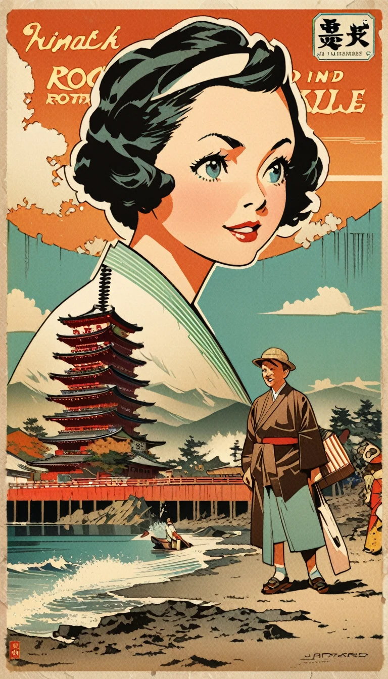 Postcard, Retro, Vintage,Japan,Graphic Illustration,Detailed 2D illustrations,Flat Illustration, Digital Illustration,Digital Art,Norman Rockwell wind