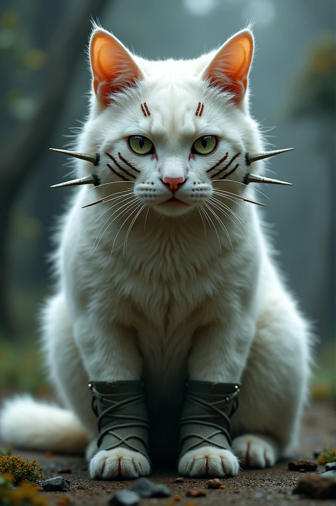 big white cat with spikes on face where whiskers are and cheeks crossed on chest with boots
