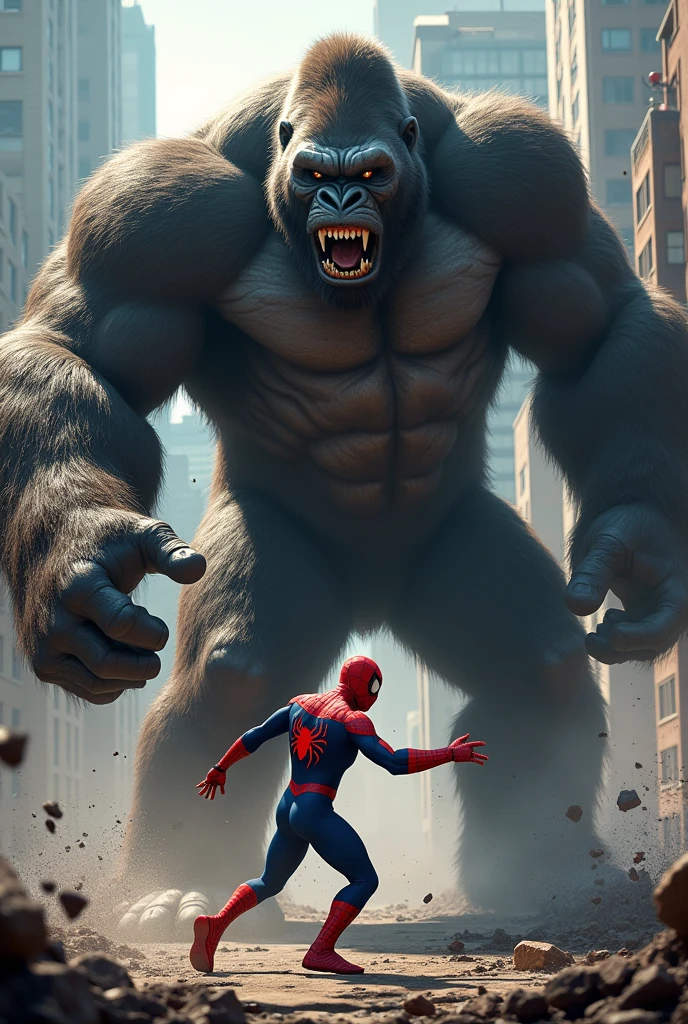 Spider man and a big gor
rila fighting spider man is below him