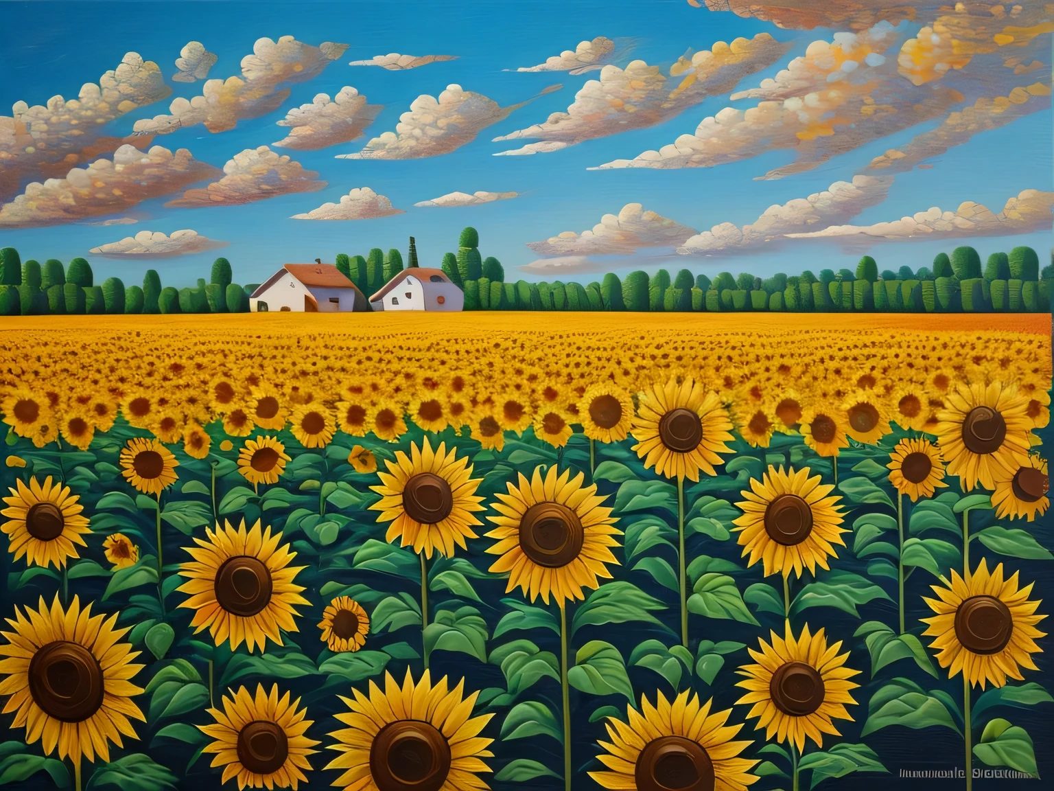 oil painting on canvas depicting sunflowers in the style of Kazimir Malevich, avant-garde