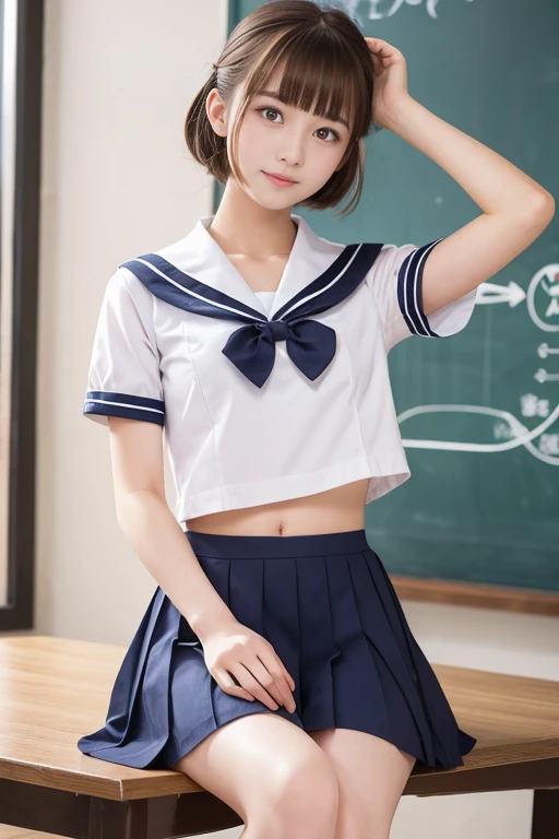 Short-sleeved sailor uniform 18-year-old Mature Her chest is G cup Brown Hair I'm piercing Touching my hair classroom A little embarrassed