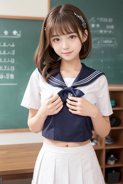 Short-sleeved sailor uniform　18-year-old　Mature　Her chest is G cup　Brown Hair　I'm piercing　Touching my hair　classroom　A little embarrassed