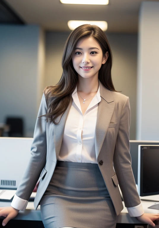(Highly detailed CG Unity 8K wallpapers, Highest quality, Very detailed, Looking at the camera:1.2, The light shines on your face:1.5, Gray background, Professional Lighting), Upper Body, 20-year-old Japanese female paralegal. Hair length is medium, dark, Back to practical style; Oval face and well-defined eyebrows, Intelligent almond-shaped eyes, Straight nose, and a gentle tone. Outfit includes a tailored blazer, Crisp white shirt, discreet pendant necklace, It symbolizes her efficient and focused personality., front, Mid Shot, smile, mini skirt, pantyhose, High heels, Perfect beauty, office worker,