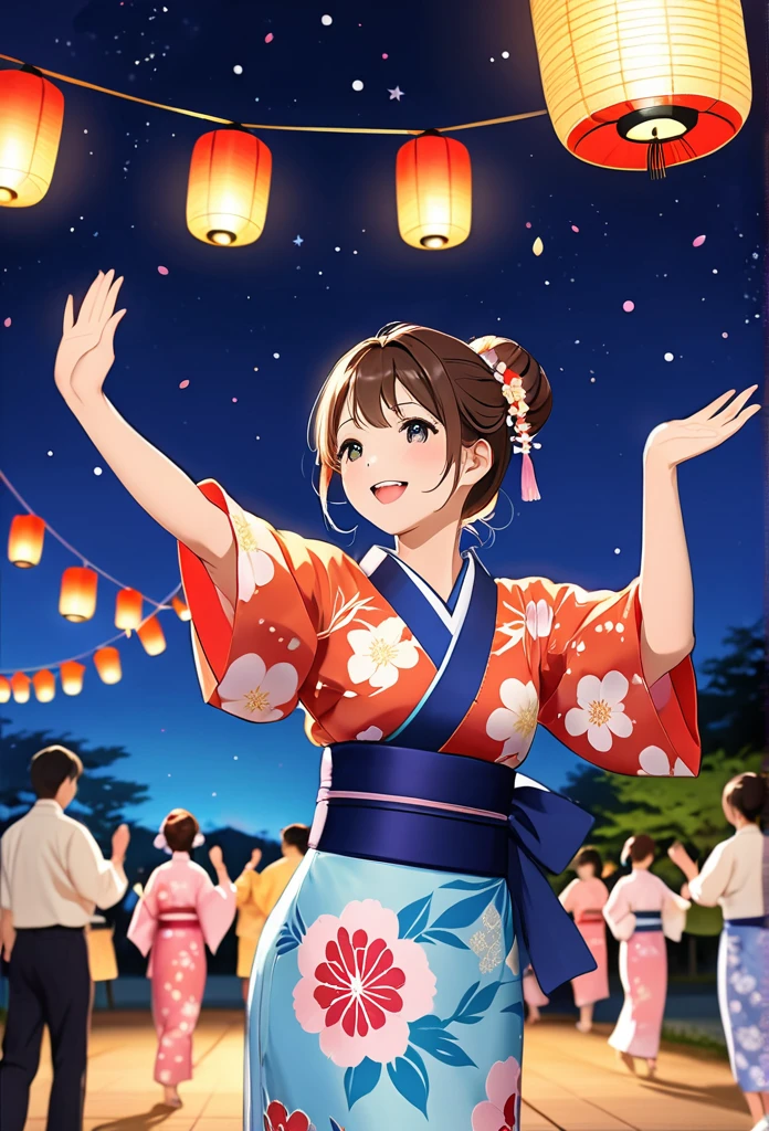 Highest quality、High resolution、Detailed Background、Teenage beauty、Singer in yukata、Singing from the top of the tower、Sing with a microphone、Detailed face、cute hair color、Bun Hair、Perfect body line、(Lively girl dancing at Bon Odori venue:1.5)、(Dancing with hands up high:1.5)、night、A Singer in a Yukata、Hold the microphone、Singing from the top of the tower、Festivals、Bon Odori venue、A big smile、Cute patterned yukata、dancing lively、Waving your hands back and forth、Waving your hands left and right、Coordinated hand and foot movements、Traditional Japanese summer festivals、Bon Odori is held at night, so lanterns and other lights are lit up, creating a fantastic atmosphere.、cute