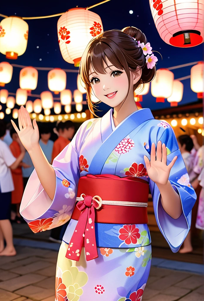 Highest quality、High resolution、Detailed Background、Teenage beauty、Singer in yukata、Singing from the top of the tower、Sing with a microphone、Detailed face、cute hair color、Bun Hair、Perfect body line、(Lively girl dancing at Bon Odori venue:1.5)、(Dancing with hands up high:1.5)、night、A Singer in a Yukata、Hold the microphone、Singing from the top of the tower、Festivals、Bon Odori venue、A big smile、Cute patterned yukata、dancing lively、Waving your hands back and forth、Waving your hands left and right、Coordinated hand and foot movements、Traditional Japanese summer festivals、Bon Odori is held at night, so lanterns and other lights are lit up, creating a fantastic atmosphere.、cute