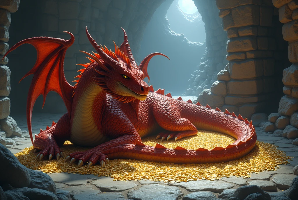 A red dragon with 2 large wings sleeps on a bed of tiny golden coins in a cave illuminated by moon light.