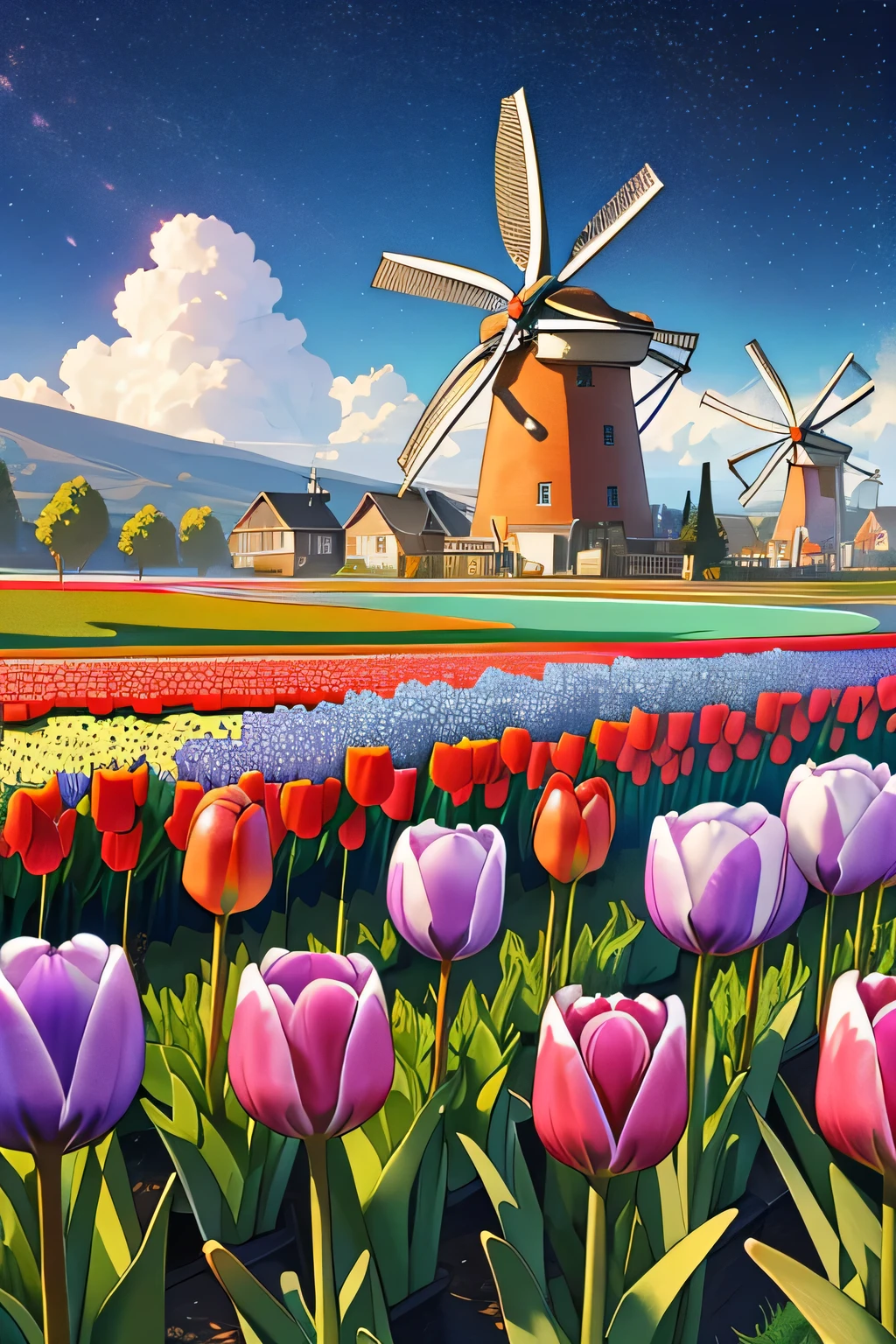 Best quality, (((colorful tulips))), fantasy, rain, anime, detailed, 8k, high quality, huge wind mill, (not lined), near future, galaxy, jungle