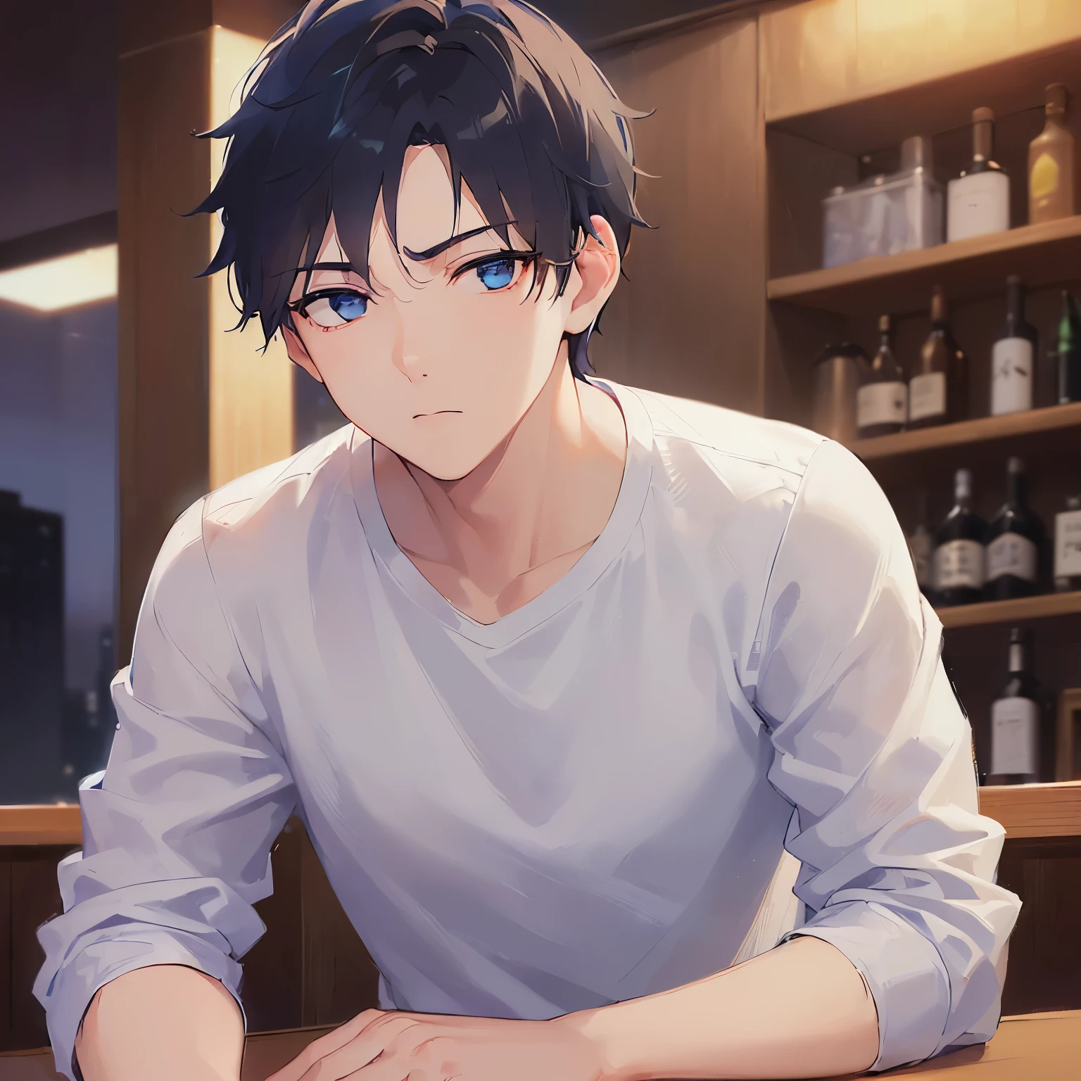 (looking away:1.5),upper body、cheek rest,
shiny skin, masterpiece、Highest quality、
(25-year-old male:1.3) and (Black short hair) and (blue eyes), 
(Black long sleeve shirt：1.5) 
frown、The background is the interior of a bar at night.、(alone:1.5)