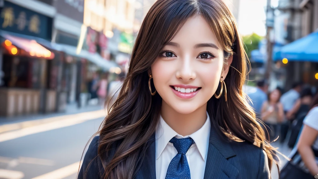 one person、female newscaster、young、beautiful、Female announcer、Shaped face contour、Long Hair、Brown Hair、Fine iris、Elegant、Sexy face、Glowing Skin、Juicy lips、An open, seductive smile、Thick eyelasheodel Body Type、Earrings、black stockings、blush、suit、Tight mini skirt、Perfect lighting、Perfect Shadow、Perfect Anatomy(((masterpiece))), ((highest quality)), ((Super detailed)), (CG illustration), (Very wicked and beautiful)), (Cute Desktop Face),スポーツキャスター