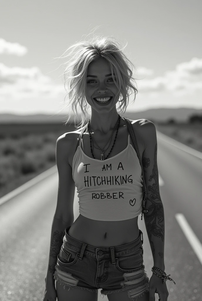 fusion mix of monochrome and color, attractive beautiful woman, hitchhiking on a road in the middle of nowhere, (hitchhiking pose, gesture, sign), with a sign around her neck that says "I am a hitchhiking robber", yandere, crazy smile, scary smile, evil smile, teasing smile, grin, lewd smile, malicious smile, creepy smile, amorous and lewd face, blonde messy hair, make-up, huge mouth, blue eyes, superlative body proportion, covered in tattoos, wearing open shirt, short jeans pants, western boots, 2.5D, delicate and dynamic, graphic CG digital art