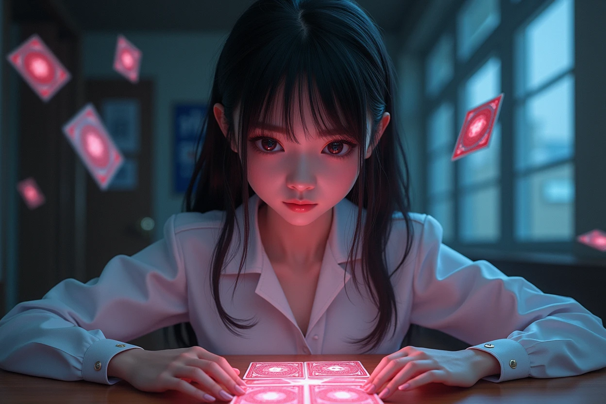 photo、フォトリアリスティック、a Japanese psychic girl glaring at a table of ESP cards, detailed face, beautiful eyes and lips, long eyelashes, porcelain skin, elegant hairstyle, white school uniform, sitting at a table, intense expression, floating ESP cards, dramatic lighting, photorealistic, highly detailed, cinematic, vibrant colors, digital art