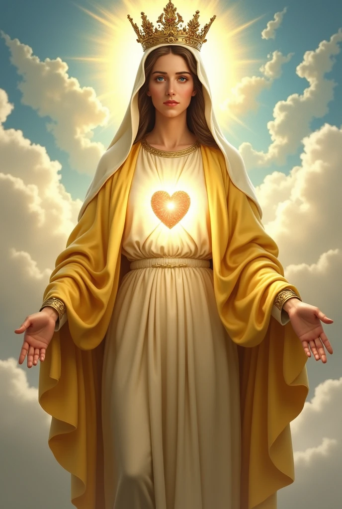 Perfect hand 5 finger, Portrait of a beautiful virgin mary wearing yellow clothes of queen with the queen crown shining the light from her head and heart all over in the clouds, virgin mary, real blue eyes, sunny day, intricate details.real virgin mary, straight head face, Straight body.Prayer virgin mary, perfect full body, perfect hands finger,Prayer virgin mary, praying virgin mary backgrounds natural photographic