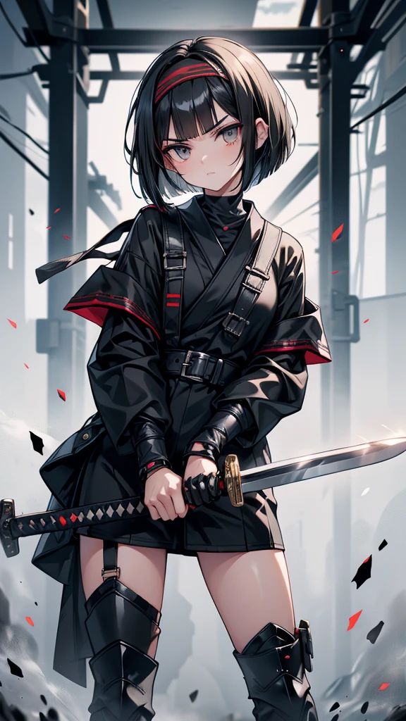 mature　Bobcut　Black Hair　Narrow eyes　Glaring at me　Glare　frivolous attitude　Black Sailor Suit　armor　Put a headband around your forehead　Handguard　gloves　Black boots　Holding the Japan sword　battlefield