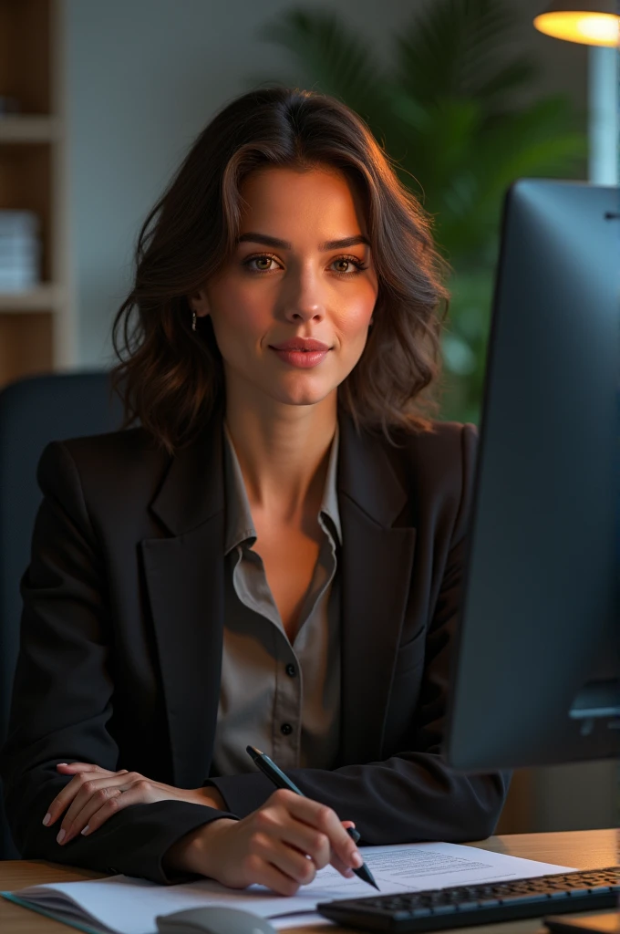 an averagely beautiful woman, 35 years old, detailled eyes, nose, and lips, wear a professional outfit, Sitting in your office, with your computer, hp computer (best quality,4K,8k,highres,​masterpiece:1.2),Ultra-detail,(realisti,photorealisti,photo-realisti:1.37),HDR,studio lighting,Extremely detailed face and body, portrait,cinematic lighting,dramatic lighing,warm colors,dramatic colors