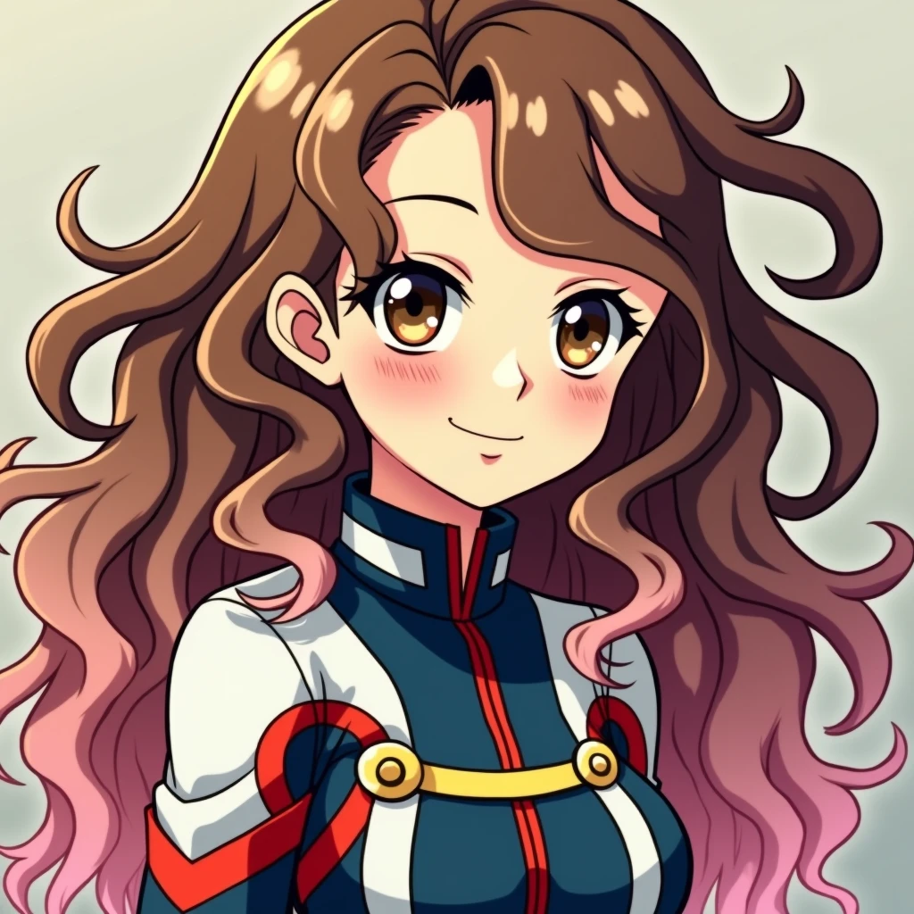 Boku no Hero Academia: Girl with long wavy hair, brown with pastel pink tips, brown eyes and freckles, He wears the Boku no hero uniform. Full body photo.