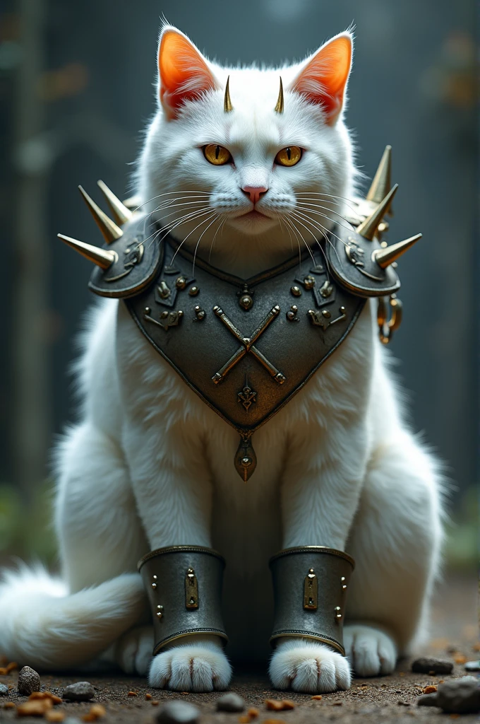 large white cat with spikes on the face where the whiskers are with crossed cheek pieces on the chest and with boots on the hind legs
