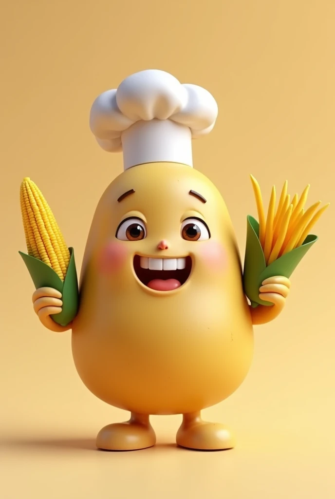 Create an image of a smiling potato with a cute baby-like face, who has a chef&#39;s hat, that has feet and that in the right hand has a corn cob prepared without leaves and in the left some French fries, that it is a 3D drawing type and a beige background 