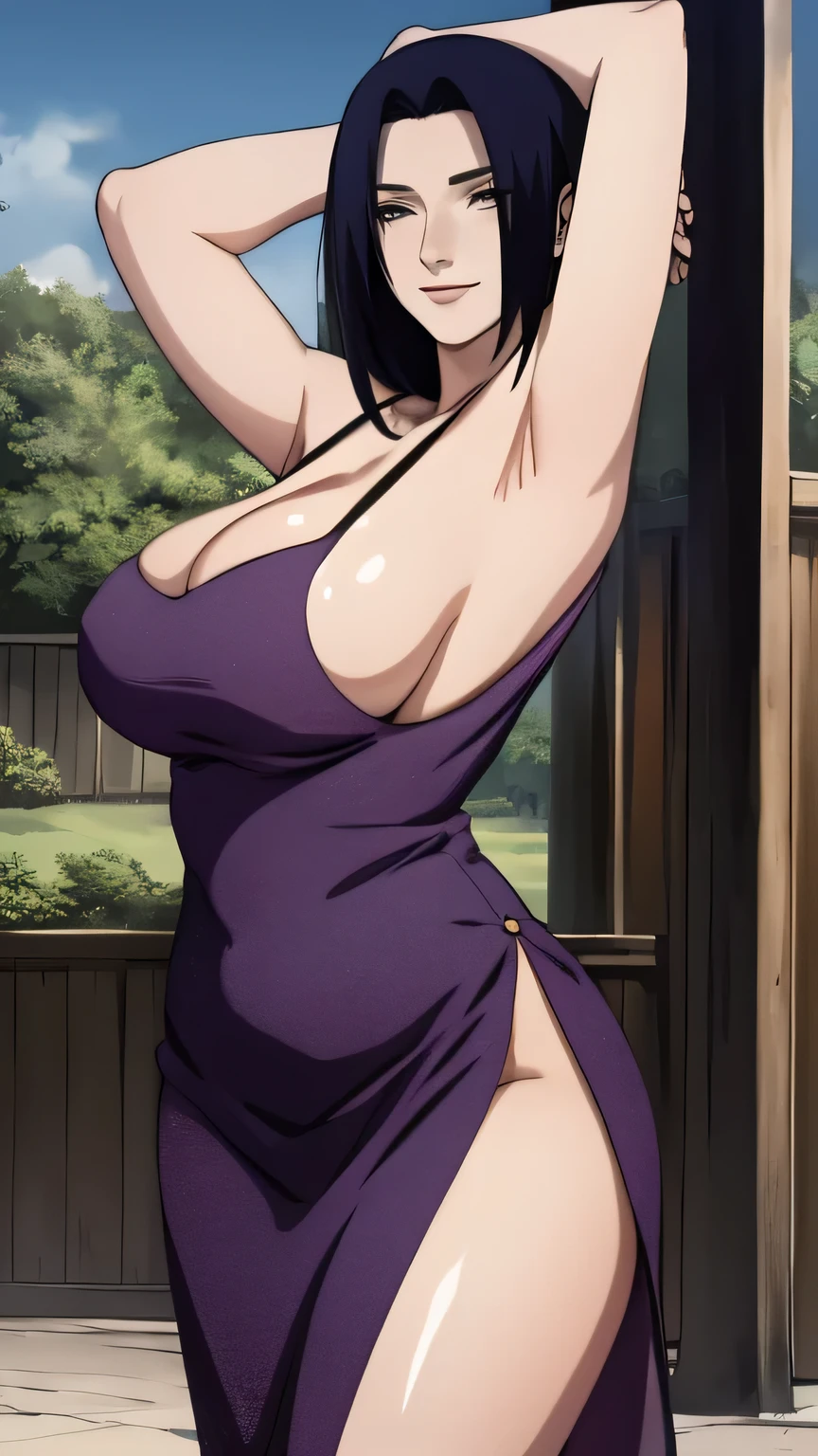 Mikoto Uchiha, standing, ultra-detailed, realistic, soft lighting, (best quality,4k,8k,highres,masterpiece:1.2), (big breasts), professional, (naked), long black hair, black eyes, beautiful detailed eyes and face, extremely detailed smile, long eyelashes, looking at viewer, big ass, armpit, outdoors, village.