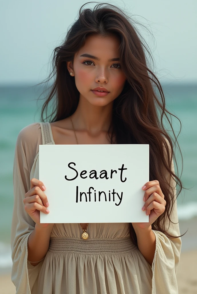 Beautiful girl with wavy long hair, bohemian dress, holding a white board with text "I Love Seaart Infinity" and showing it to the viewer