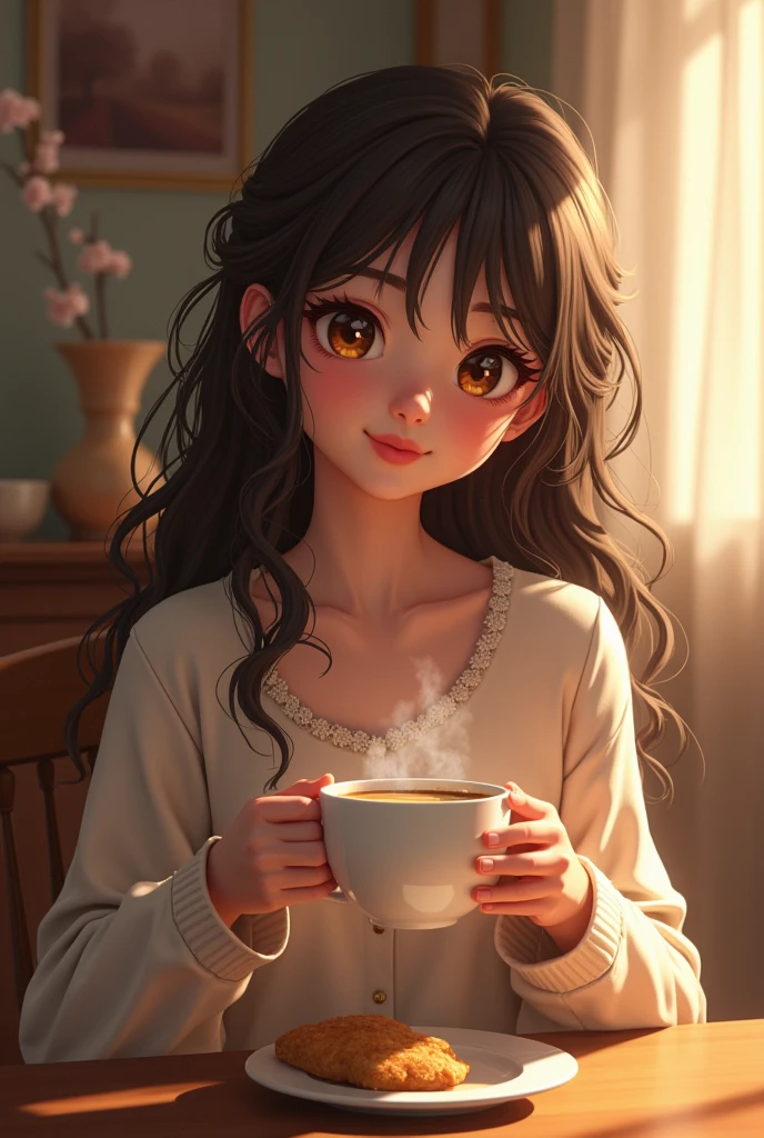 Beautiful girl with long wavy, disheveled hair dressed in pajamas sitting on a dining room chair has in her hands a large cup of coffee for breakfast