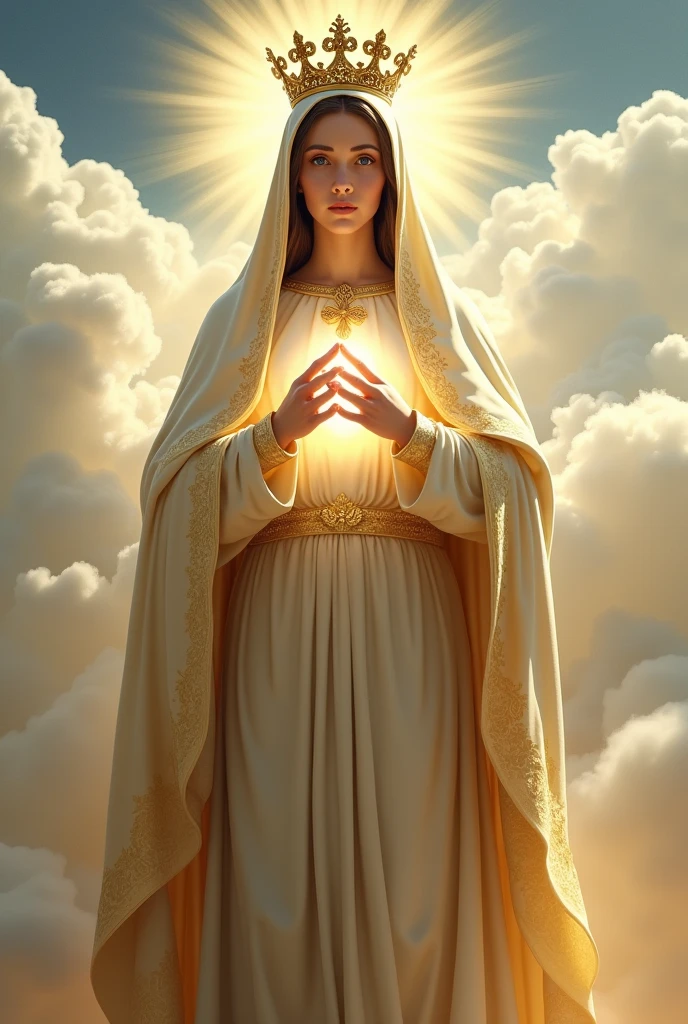 Perfect hand 5 finger, Portrait of a beautiful virgin mary wearing yellow clothes of queen with the queen crown shining the light from her head and heart all over in the clouds, virgin mary, real blue eyes, sunny day, intricate details.real virgin mary, straight head face, Straight body.Prayer virgin mary, perfect full body,  perfect hands finger,Prayer virgin mary, praying virgin mary backgrounds natural photographic