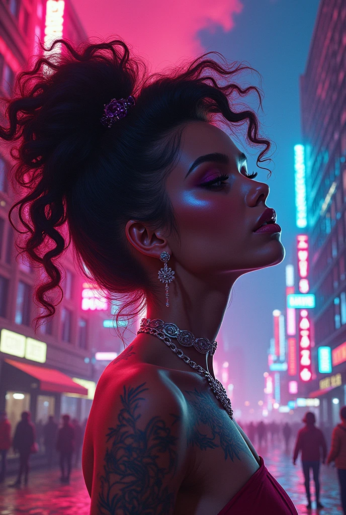 a gothic black girl at the party at night, smoking cigarette drinking drik, in the nightclub [tina tuner], [janet jackson], (((riahna)))), neon sign lights, by Carne Griffiths, Pino Daeni, thick ass, detailed face, PERFECT ((((beautiful FACE)))), highly detailed, INTRICATE --auto --s2