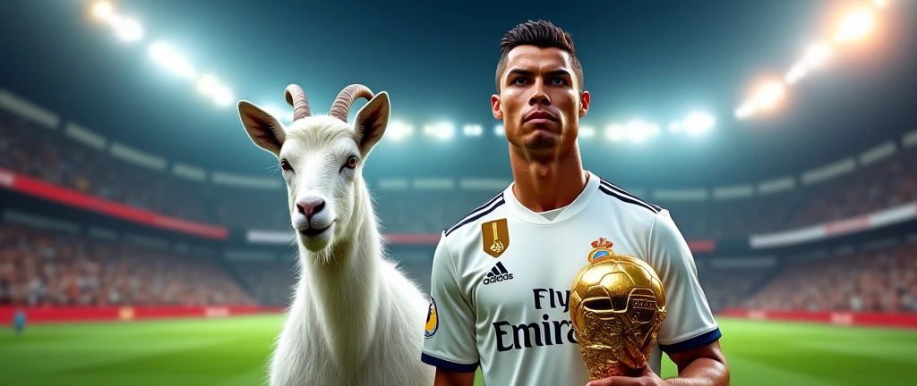 I wanted a majestic picture with Cristiano Ronaldo standing high in the middle of the football field, holding the Ballon D'or. Ronaldo is wearing a Real Madrid jersey, with a fierce and dangerous appearance, which can create confidence and strong demeanor. The white goat next to Ronaldo, with its shiny fur and charming eyes, creates an impressive image. The football field background should be decorated brilliantly, with bright lights from the floodlights and the atmosphere of the award ceremony, to highlight the combination of Ronaldo and the goat.