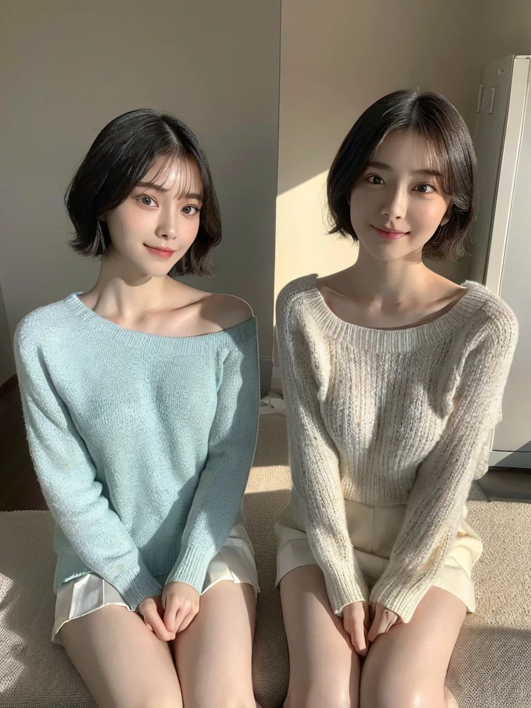 (masterpiece:1.3), (8k, Photoreal, Raw photo, best image quality: 1.4), Japanese high school girl、(random hairstyle:1.2)、cleavage:1.5、super detail face、eye for details、double eyelid、chest to chest、sharp focus:1.2、Beautiful woman:1.4、light brown hair、highest quality、masterpiece、超A high resolution、(Photoreal:1.4)、Highly detailed and professionally lit smiles、loose and light knitwear、shoulder out、thin、serious expression、short haired、deadly position
similar identical twins
All the girls have the exact same face, The two have the same face and figure, as if they were mirror images.