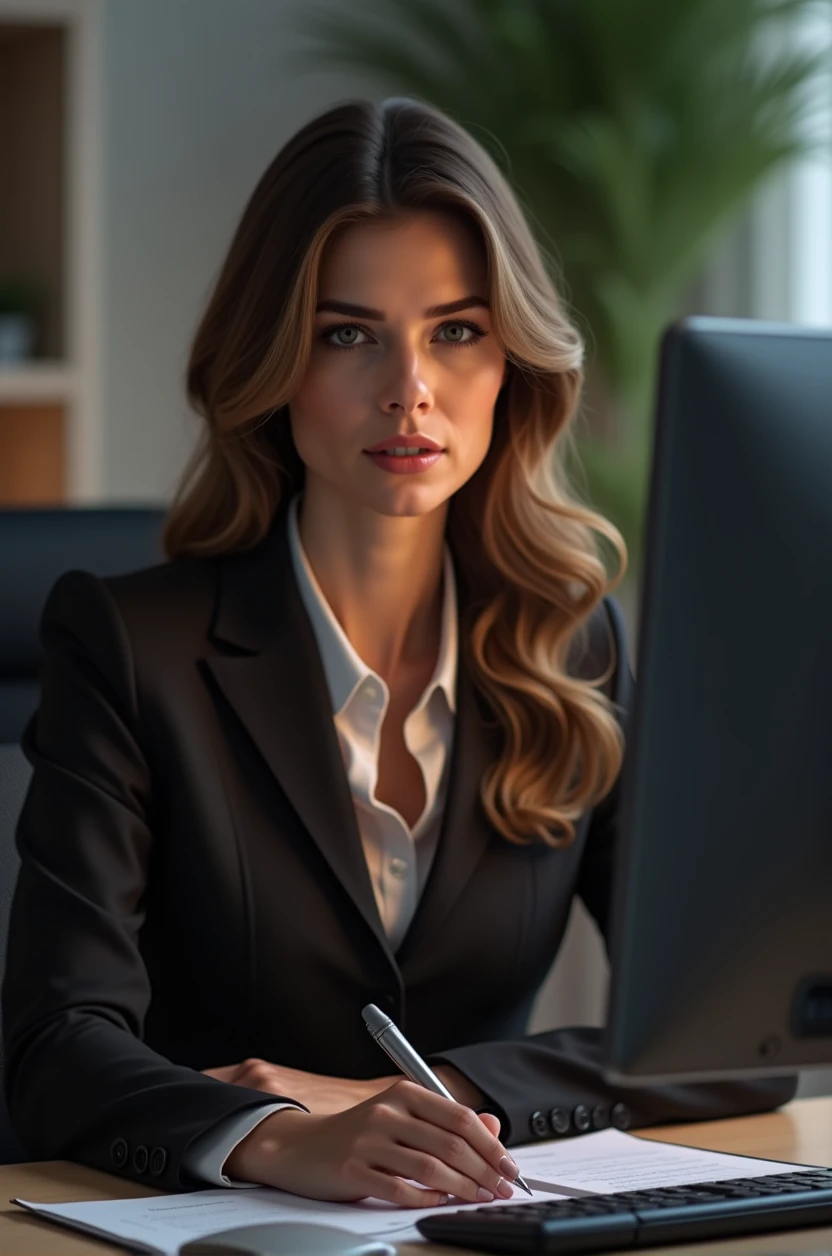 an averagely beautiful woman, 35 years old, detailled eyes, nose, and lips, wear a professional outfit, Sitting in your office, with your computer, hp computer (best quality,4K,8k,highres,masterpiece:1.2),Ultra-detail,(realisti,photorealisti,photo-realisti:1.37),HDR,studio lighting,Extremely detailed face and body, portrait,cinematic lighting,dramatic lighing,warm colors,dramatic colors