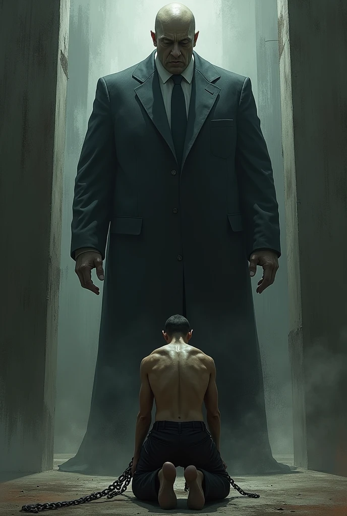 A citizen chained and kneeling in front of a gigantic politician, representing how, without Catharsis, The citizen becomes a "fearful slave of the government."