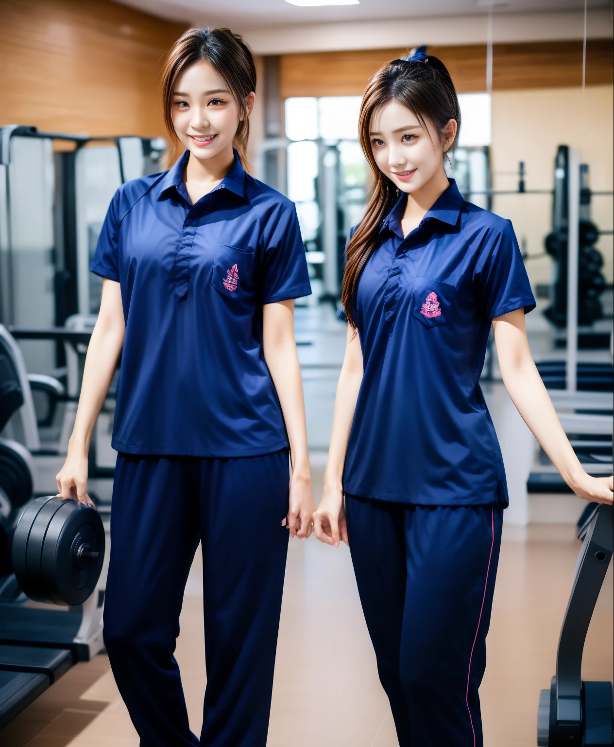 2 girls in the fitness center, Navy blue short-sleeved shirt,Navy Long Trackpant,Sweatpants, Sweatpantsขายาว,25 year old girl, lesbian, sexy, exercise clothes, wet body, exercise clothes, Gym Wear