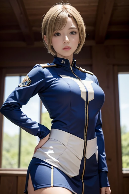 15-year-old girl、Earth Federation Operator Girl Soldier、((Shiny skin 1.5)),((Sweaty 1.3)),((Blonde Short Hair))、Cute like an idol、Childish face and appearance、Accurately drawn face and skirt of Earth Federation uniform))、White and blue uniform、(A uniform that fits your body:1.3)、very 薄い thighs、Inside the bridge of a battleship、Low angle shot、Anatomically correct、Accurate Fingers、Accurate Rimbuster Piece、Photorealization