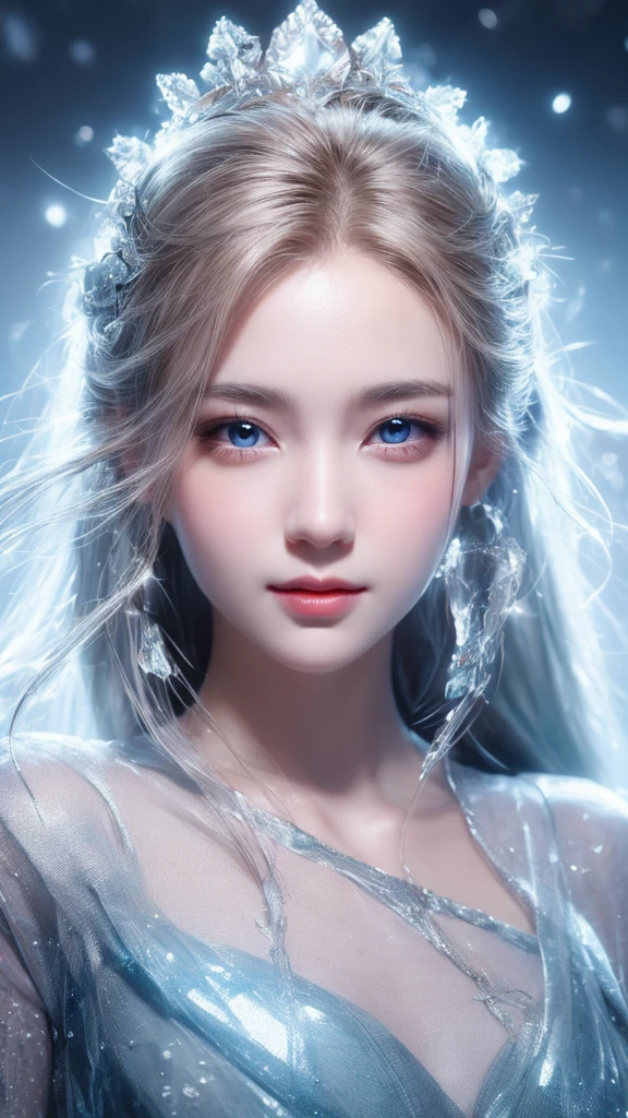 A girl,Exquisite facial features,Big watery eyes,Angelic smile,blush,nice,Silver long hair,Princess Head,Frozen queen,Full of energy,Gorgeous clothing,background,Sense of Brokenness,Super Resolution,HD,8K,film texture。