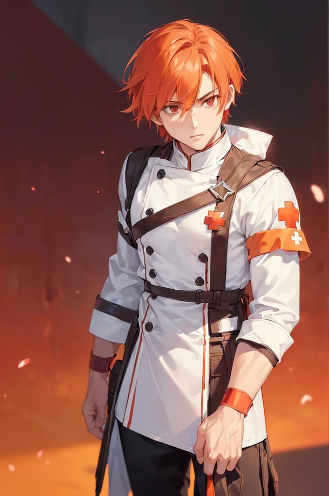 (((masterpiece; best quality: 1.2))), (finely detailed eyes: 1.3), ((ung man)), ((solo)), (red eyes: 1.4), (body shape; lean, masculine: 1.3), (very short orange hair: 1.3), (beautiful and clear background: 1.2), ((depth of field)), (equipment: fantasy white adventurer medic long-sleeve uniform + armband with red cross: 1.3), (anime illustration: 1.2), (background composition; palace gardens + day: 1.1), (extremely fine and handsome: 1.1), (shot composition; standing + centered on face + bust close-up: 1.5), (facial expression; calm, stoic: 1.2)
