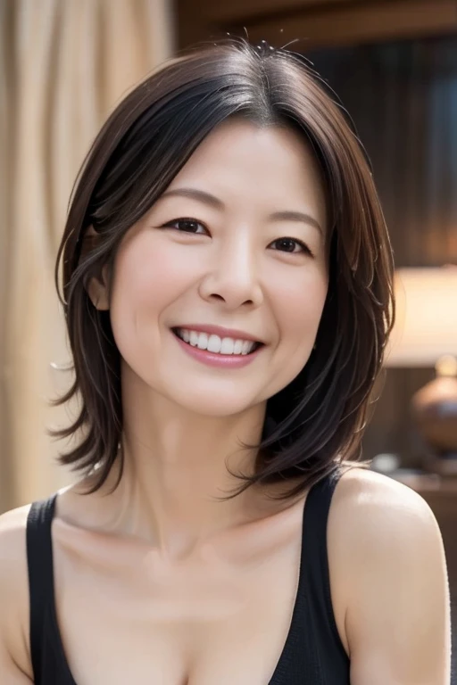 (In 8K, Highest quality, masterpiece:1.2), (Realistic, Photorealistic:1.37), Natural light, Mid-chest, Cleavageが見える, 1 person, 50-year-old woman, Black Hair, short hair, Look up at the viewer from below, Cleavage, Black sleeveless, (lol:1.5), Highly detailed face and skin, Detailed eyes, Highly detailed tooth alignment, Highly detailed smiles and skin textures、Very cute smile
