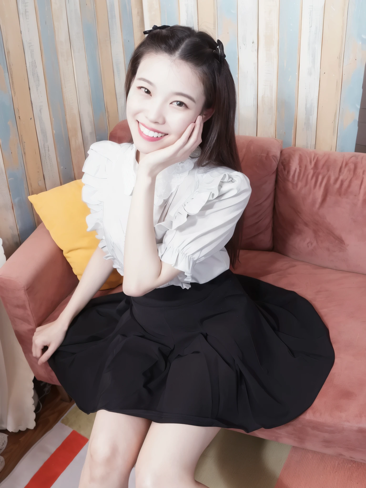 there is a woman sitting on a couch with her hand on her chin, taken with canon 8 0 d, lovely smile, taken with canon eos 5 d, taken with canon eos 5 d mark iv, chiho, charming smile, slight cute smile, reluvy5213, taken with canon 5d mk4, with black, she is smiling