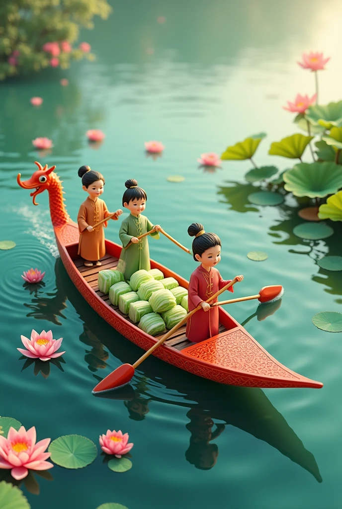 Dragon Boat Festival, on the surface of the water there are 3 children wearing Hanfu paddling on the dragon boat, there are delicious zongzi on the boat, green zongzi are super detailed, the best quality, there are lotus leaves on the water, super detailed  