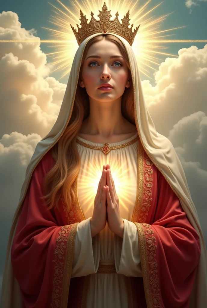 Perfect hand 5 finger, Portrait of a beautiful virgin mary wearing red clothes of queen with the queen crown shining the light from her head and heart all over in the clouds, virgin mary, real blue eyes, sunny day, intricate details.real virgin mary, straight head face, Straight body.Prayer virgin mary, perfect full body, perfect hands finger,Prayer virgin mary, praying virgin mary backgrounds natural photographic