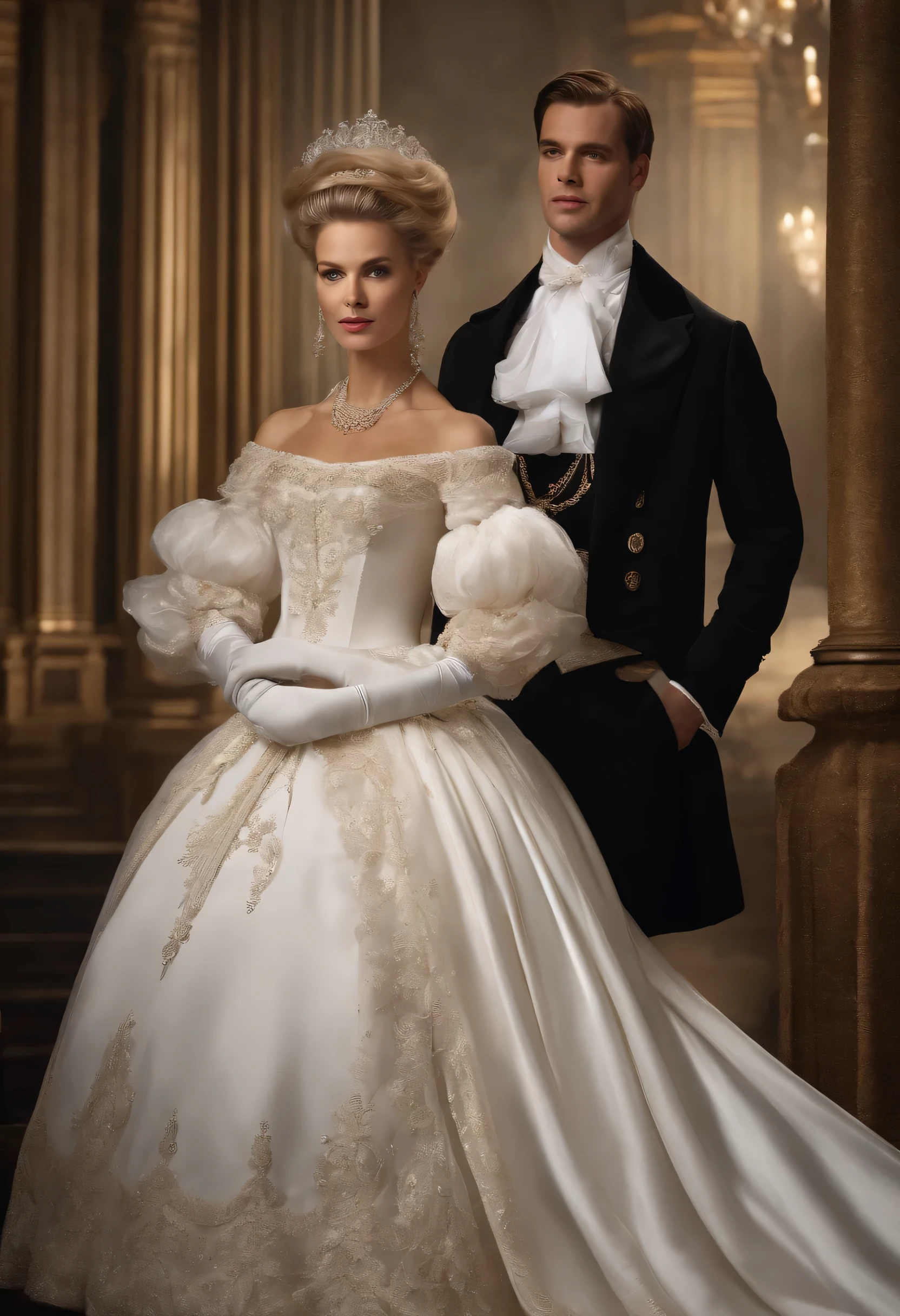 best qualityer, work of art, The noble queen wore an imposing and delicate royal wedding dress in white satin tulle,Wear extra-long white gloves,Decorated with a huge ribbon bow, lace, frilled, Woven pleats, Embroidery and jewelry, With large puff sleeves, Hourglass waist and voluminous skirt with crinoline hoop, urgency, and trains, Long white gloves, pearl necklace and earrings, far away, Straight and loose blonde hair, backstyle