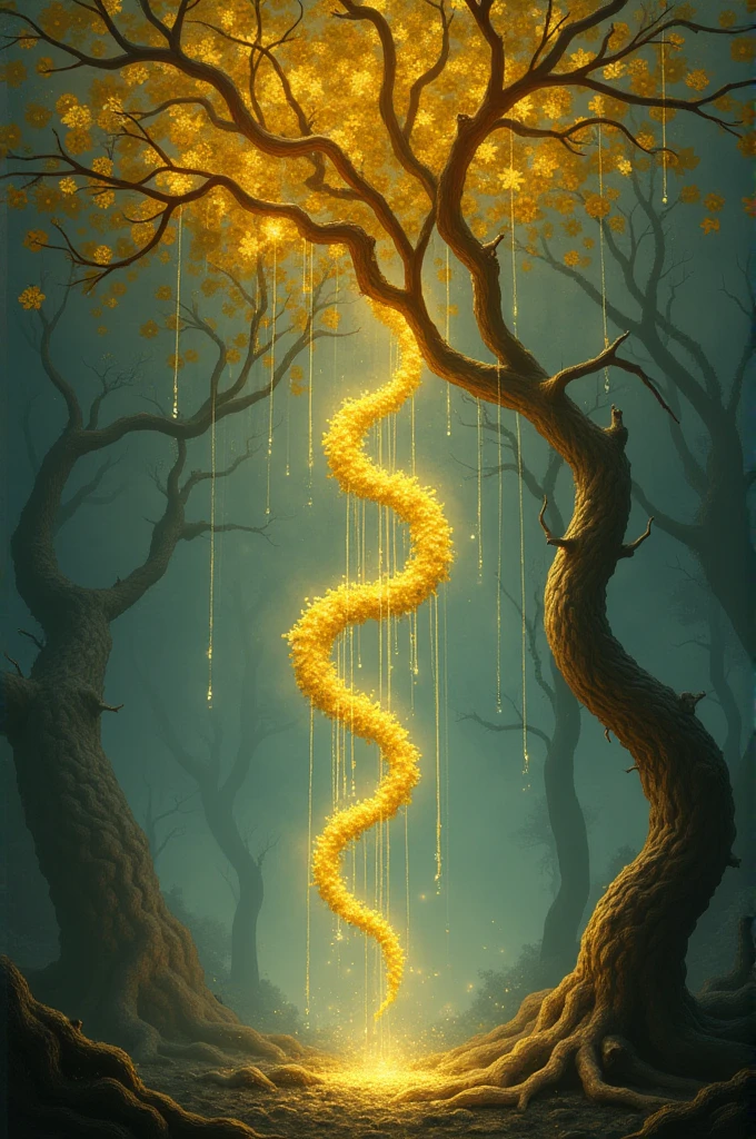 Lianas falling from the sky with luminous yellow flowers
