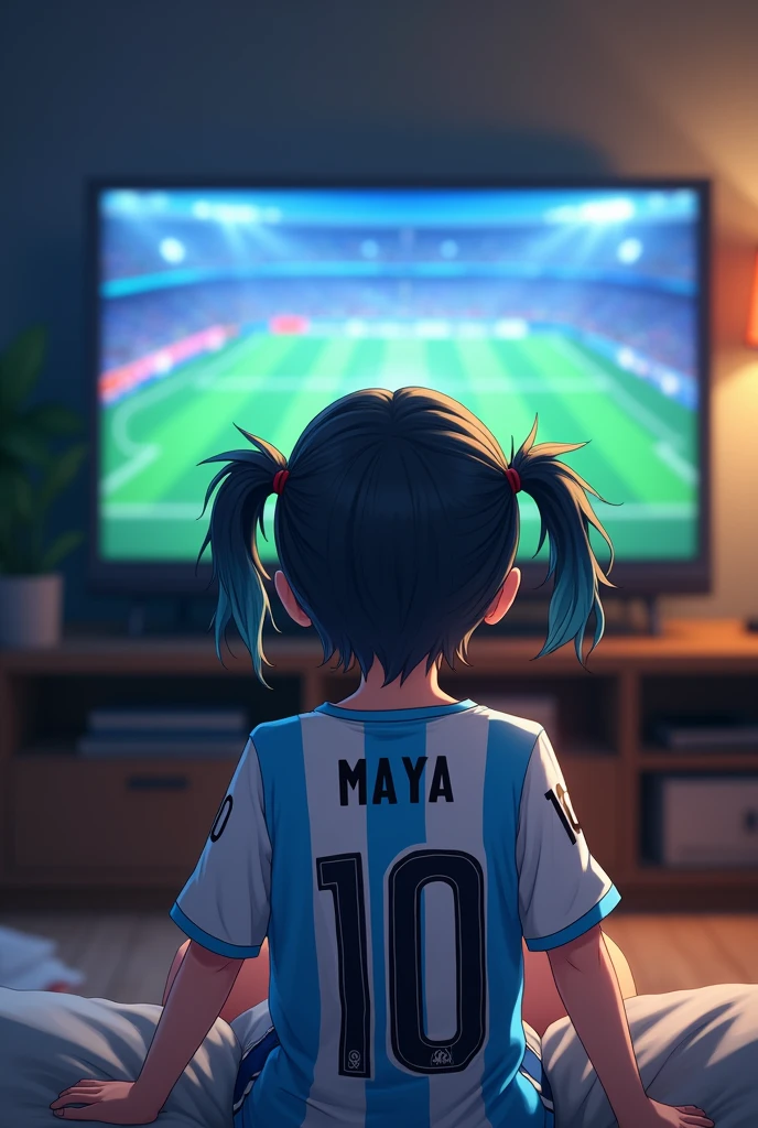  16 years old anime Girl  with Argentina jersey watching football match on tv and written MAYA and 10 on the back of his Dress , 4k