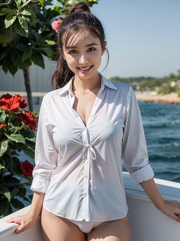 Cute woman、White shirt、mile、Open chest shirt、(A wet shirt with underwear showing through)、Wet Hair、Gazing at the sea、smile、Hibiscus flower、On the boat,ponytail、30Old woman gets wet、Hibiscus flower、