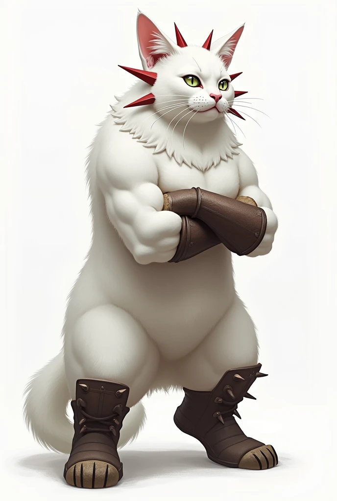 large white cat standing on two legs with spikes on face where whiskers are with cheek pieces on chest crossed and with boots on hind legs