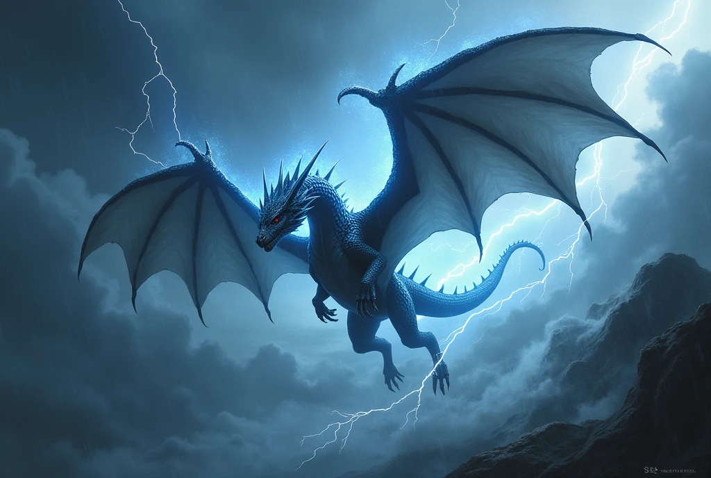 A storm dragon Flys through a violent storm surrounded by lightning