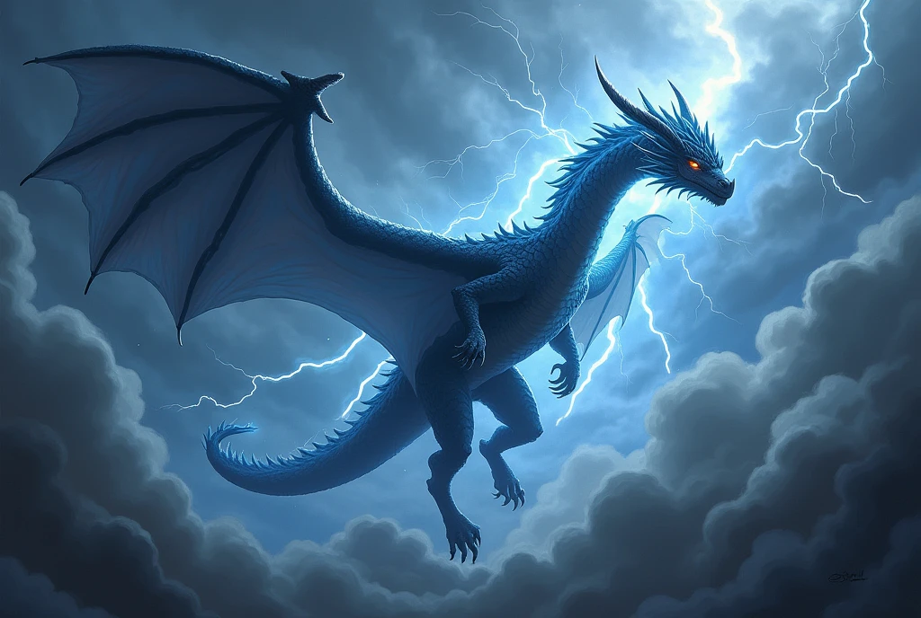 A storm dragon Flys through a violent storm surrounded by lightning