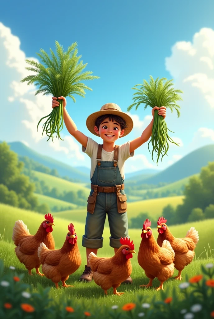 A young man in the farm is holding his harvest with chickens with him.
