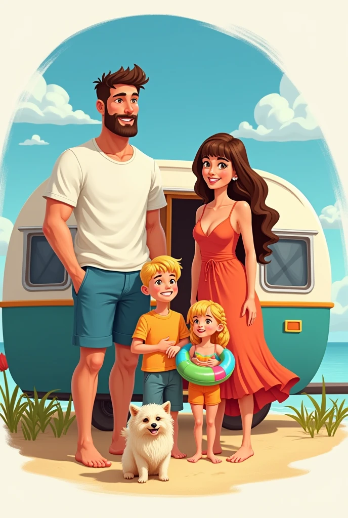 logo of a family of 5 with a dog in front of their caravan. The tall, dark-haired dad with a short beard dressed in shorts , the brown haired mom with bangs and tan who is dressed in a beach dress, un petit garçon de 7 ans blond en brosse qui porte des lunettes de vue et un short de bain  et une  fille de 4 ans blonde avec des tresses africaines qui porte une maillot de bain avec une bouée et un petit chien beige de race Spitz allemand