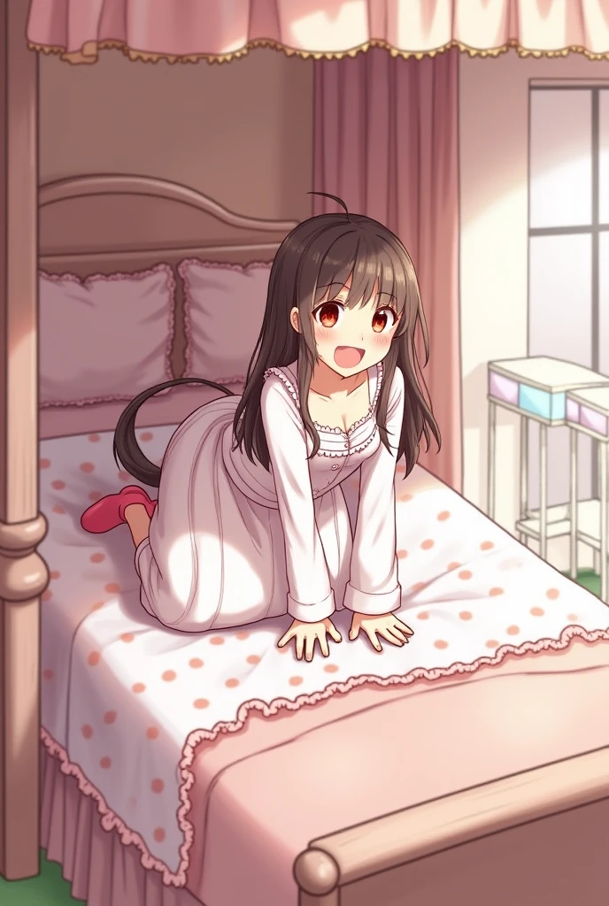 (best quality, masterpiece),mine , details), (Light and shadow oxtail , bed background, Cute girl posing on pillow ,Pillow,(piles of Pillow),Upholstered,((four poster bed)),Soft pillow quotation,Lots of Pillow,(Pillow),The love surrounding the protagonist,steam,Luxury Pillow),(luxury bed),(Gorgeous pattern pillow),luxurious pillow,(bedroom ),pillow humping,hump,open mouth,red eyes , kneeling,(Love around the protagonist),(Steaming hot),(pillow),Four poster bed,Canopy bed,Lots of pillow heads,princess bed , frilled pillow , long hair , frilled pillow , (pink polka dot pillow) , ((tachibana Arisu))