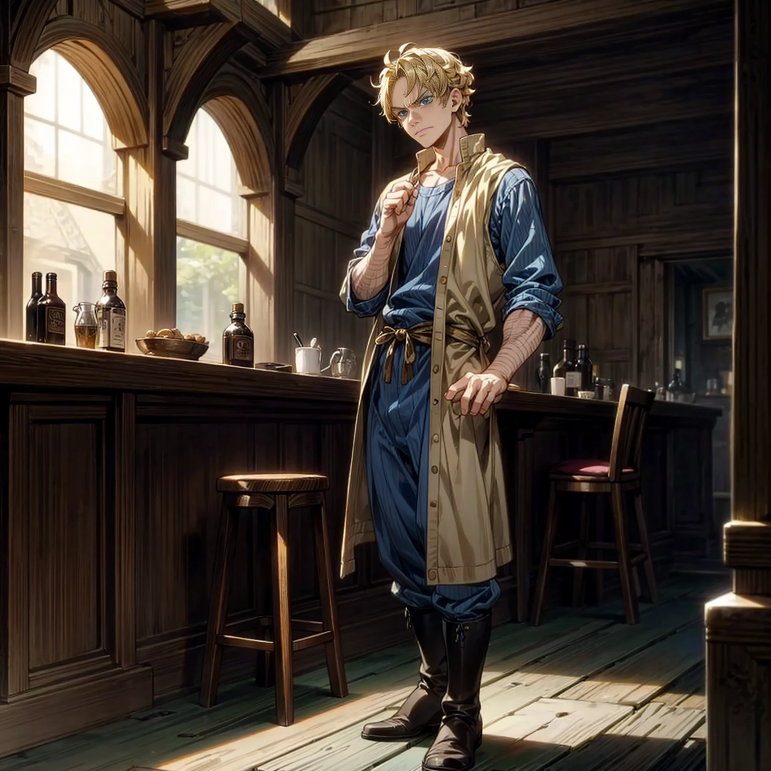 Solo character, full body version, young man, muscle, blue eyes, blonde color hair, short curly hair, casual clothing, boots, indoor, bar, village, medieval, morning, standing gesture, detailed background, detailed clothing, detailed hair, angry eyes, (one piece style art)